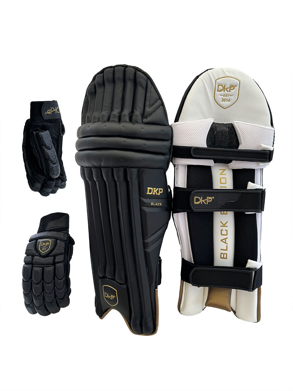 DKP Limited Edition Black Navy Cricket Batting Pads and Gloves Bundle