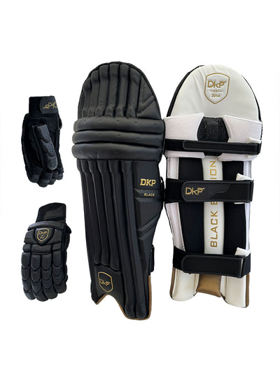 DKP Limited Edition Black/Navy Cricket Batting Pads and Gloves Bundle