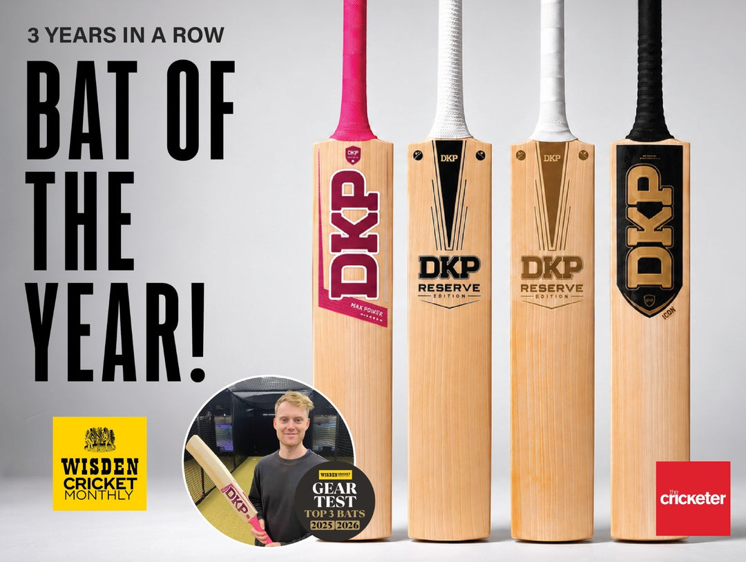 Four cricket bats standing upright on a light gray background, with large promotional text reading '3 YEARS IN A ROW BAT OF THE YEAR!' and award badges including Wisden Cricket Monthly and cricketer. A circular inset shows a man holding a bat.