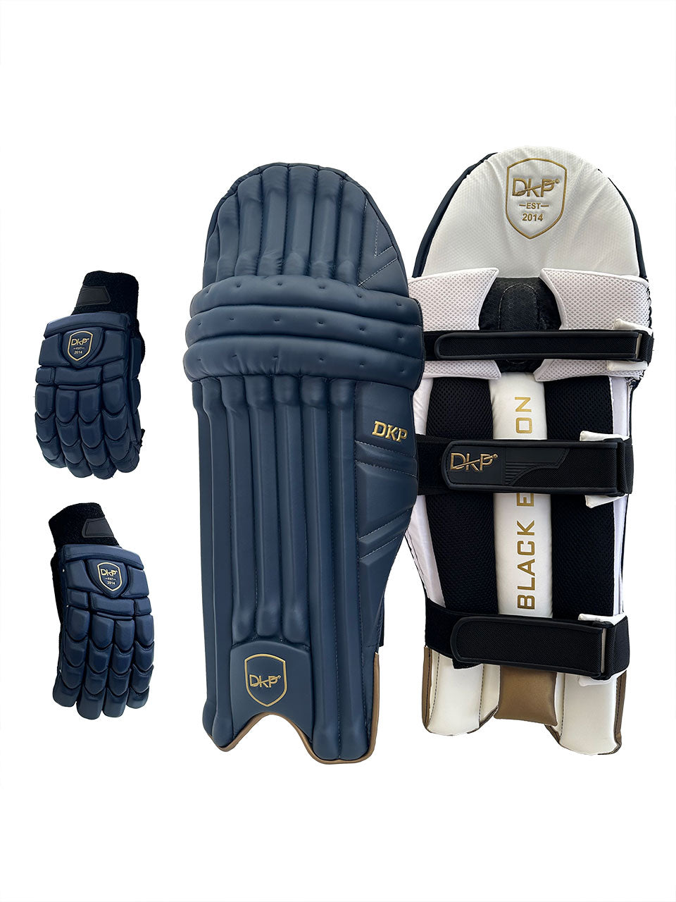 DKP Limited Edition Black/Navy Cricket Batting Pads and Gloves Bundle