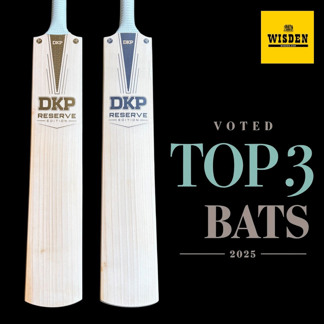 Two cricket bats with DKP Reserve branding on a black background, featuring the Wisden logo.