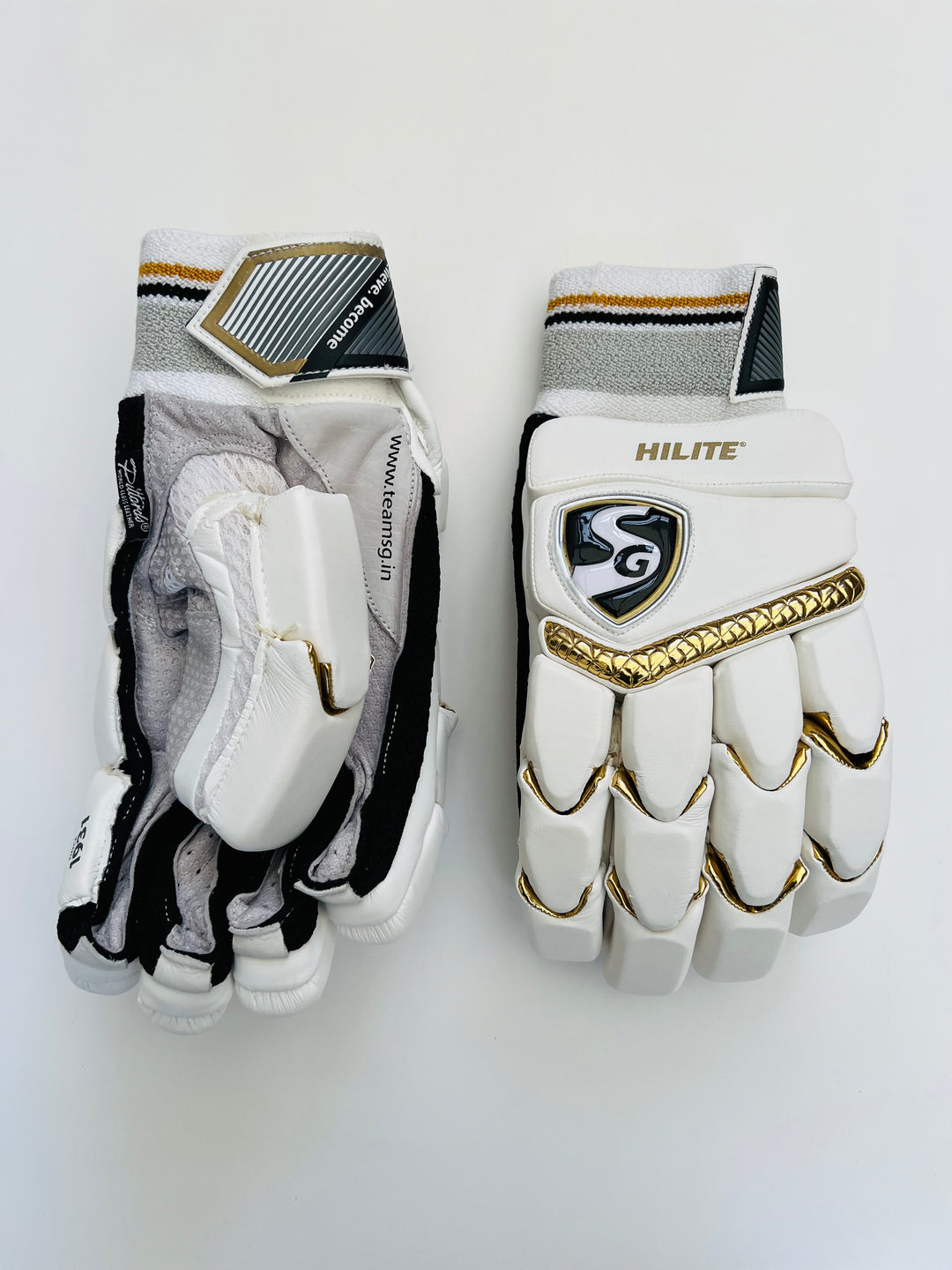 SG Hilite White Gold Cricket Batting Gloves Pittards Leather DKP Cricket